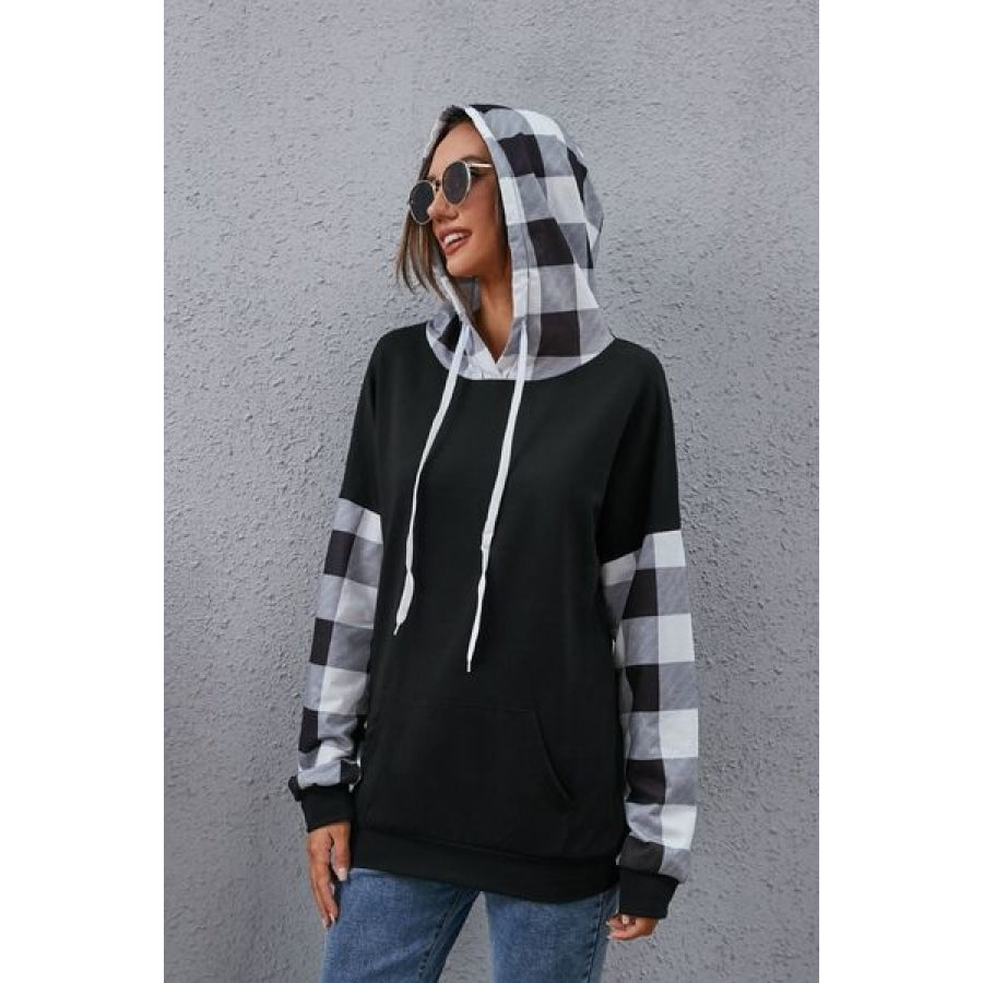 Plaid Drawstring Dropped Shoulder Hoodie Clothing