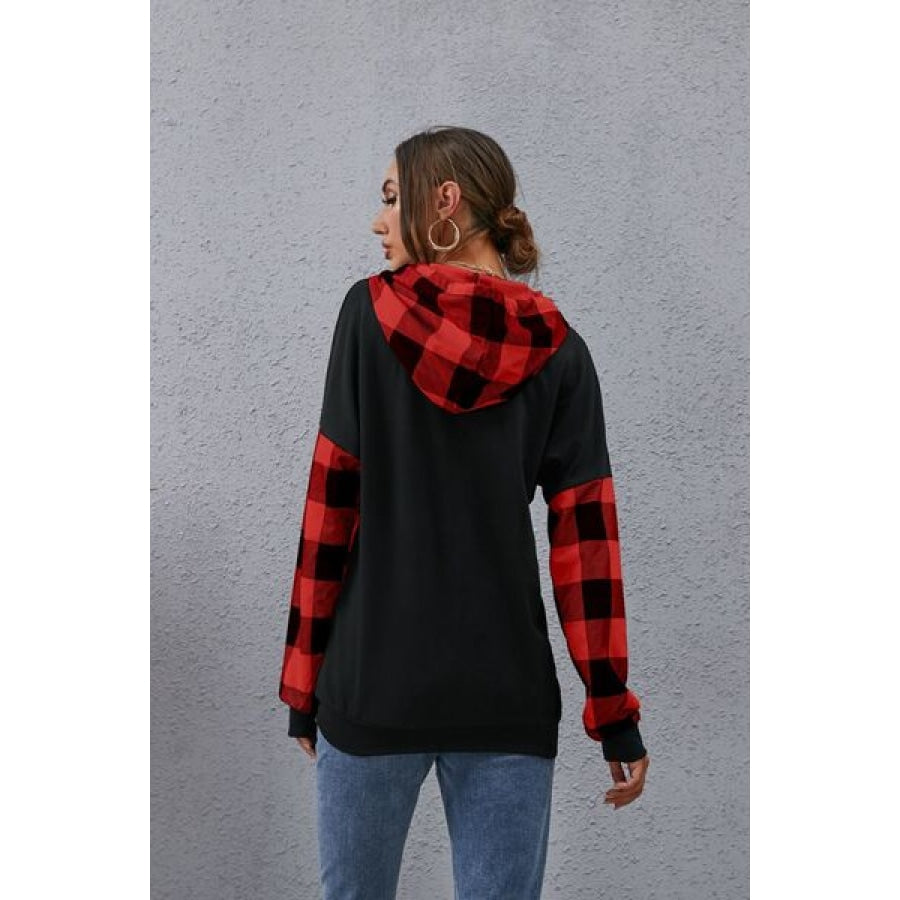 Plaid Drawstring Dropped Shoulder Hoodie Clothing