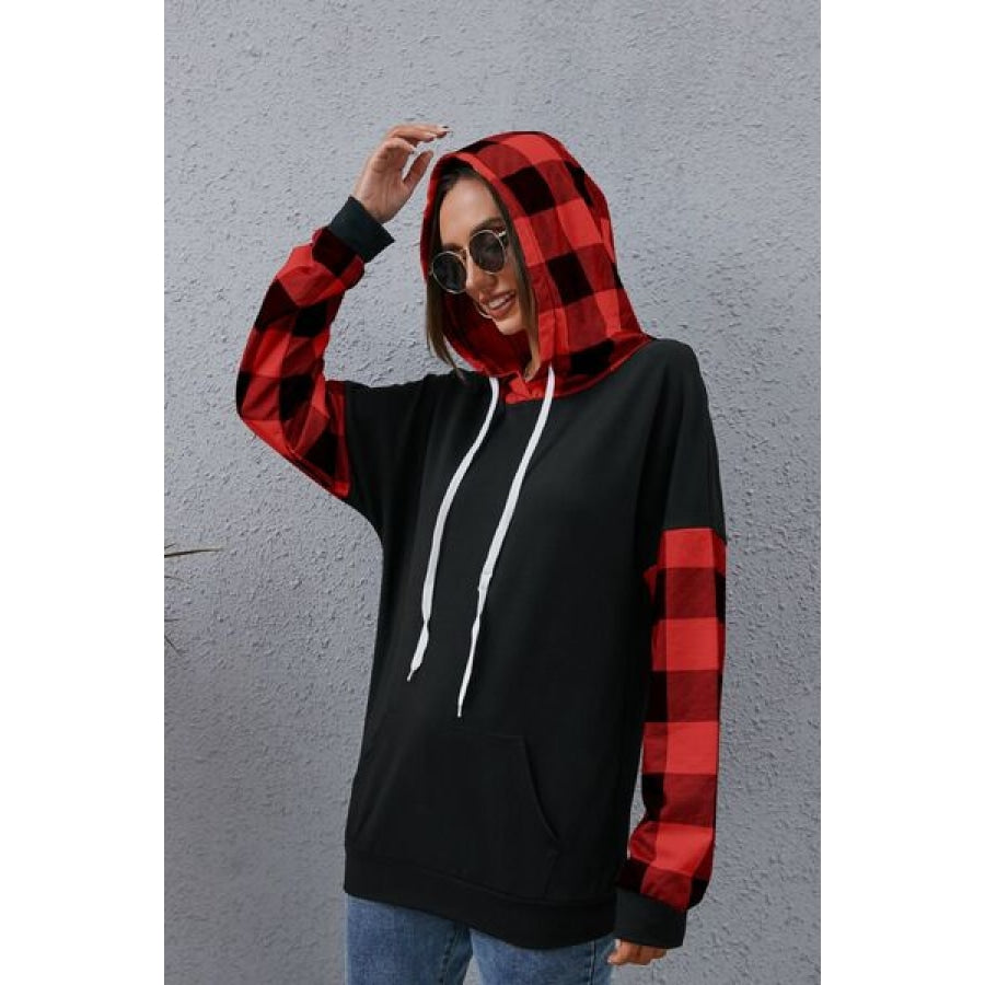 Plaid Drawstring Dropped Shoulder Hoodie Clothing