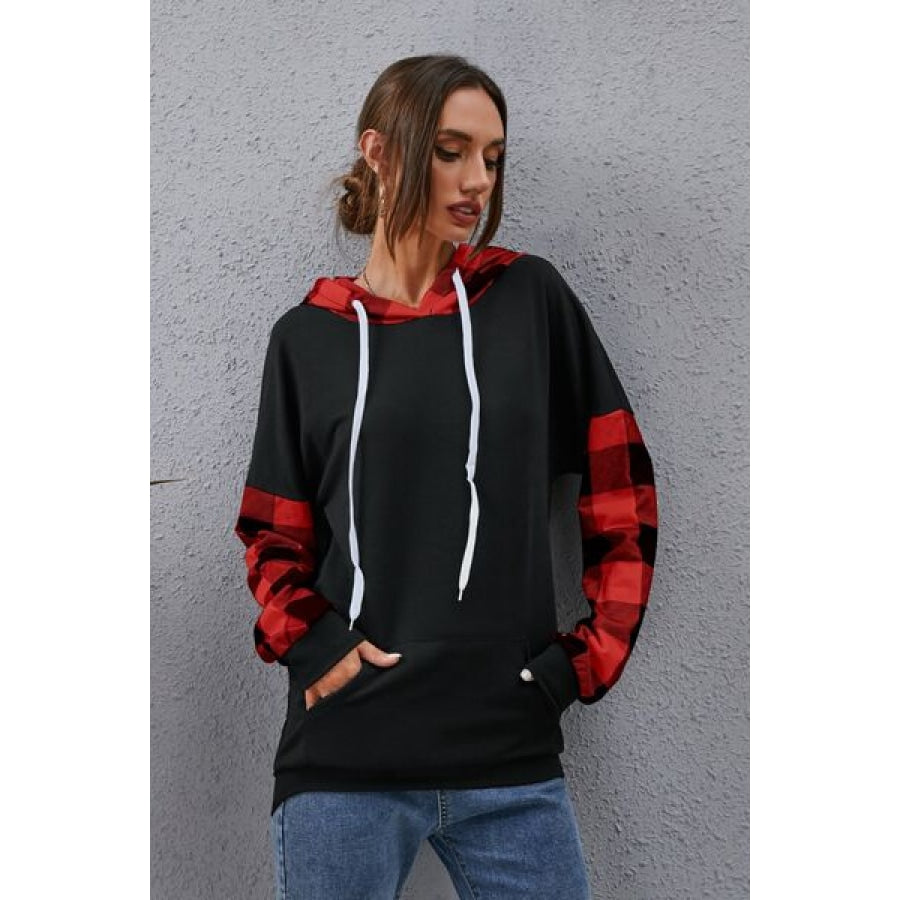 Plaid Drawstring Dropped Shoulder Hoodie Deep Red / S Clothing