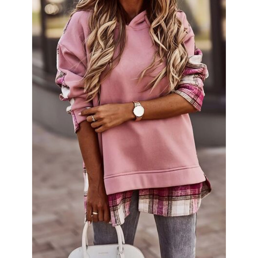 Plaid Drawstring Dropped Shoulder Hoodie Dusty Pink / S Apparel and Accessories