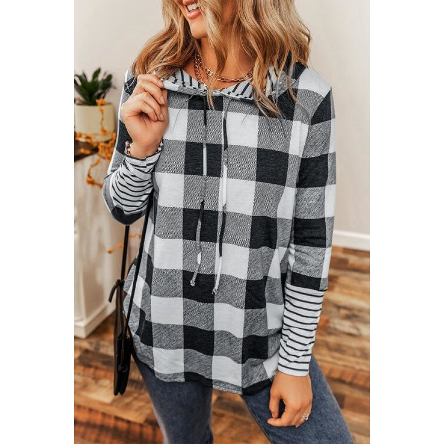 Plaid Drawstring Long Sleeve Hoodie Black / S Clothing