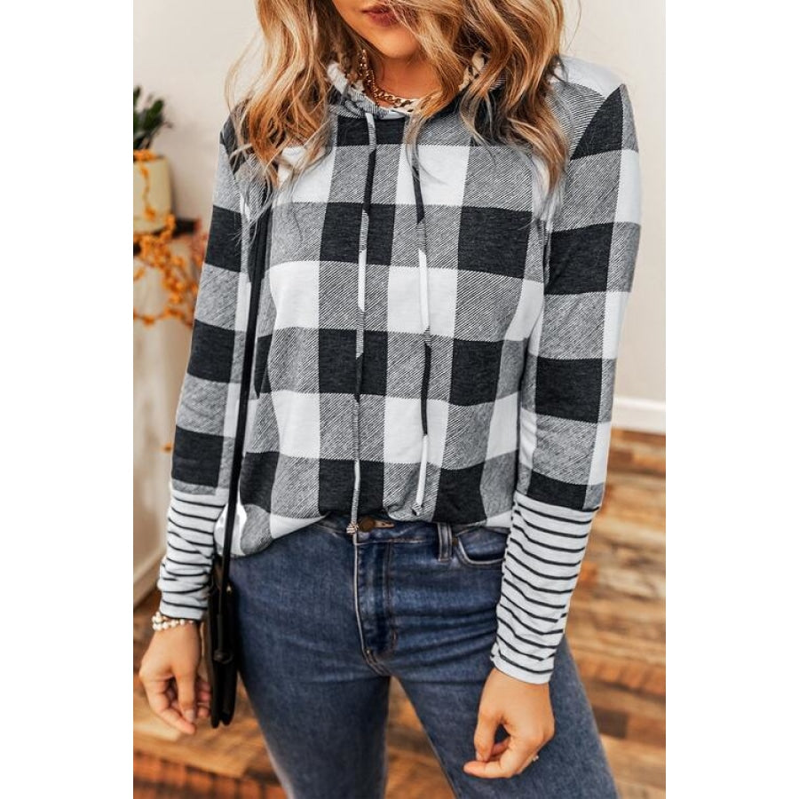 Plaid Drawstring Long Sleeve Hoodie Clothing