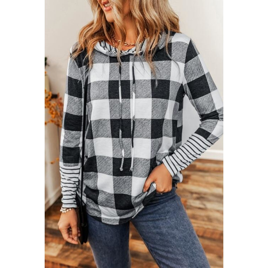 Plaid Drawstring Long Sleeve Hoodie Clothing