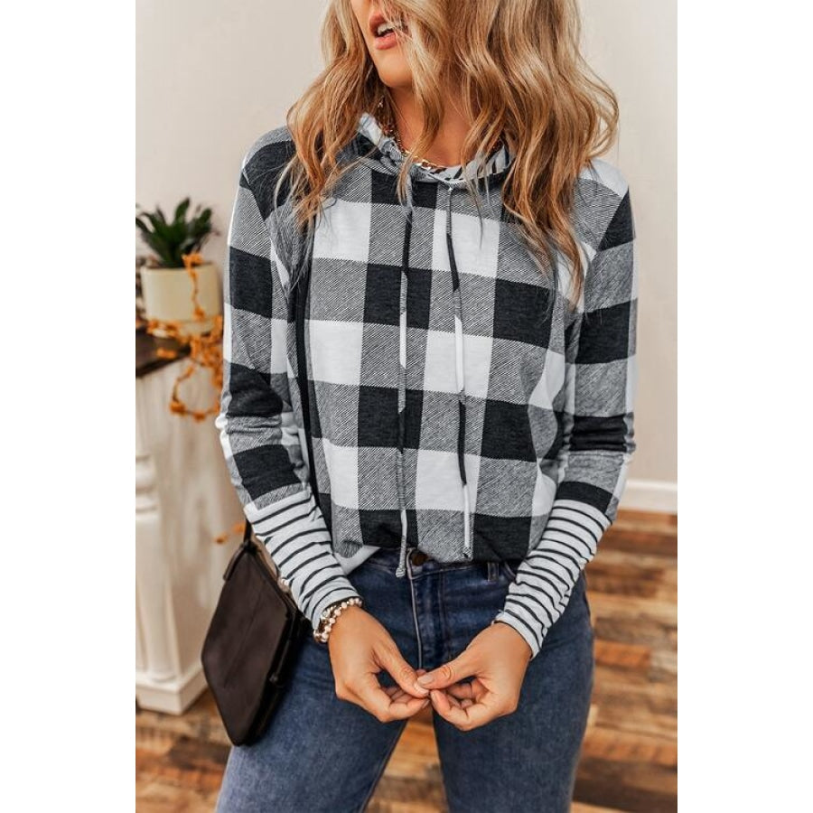 Plaid Drawstring Long Sleeve Hoodie Clothing