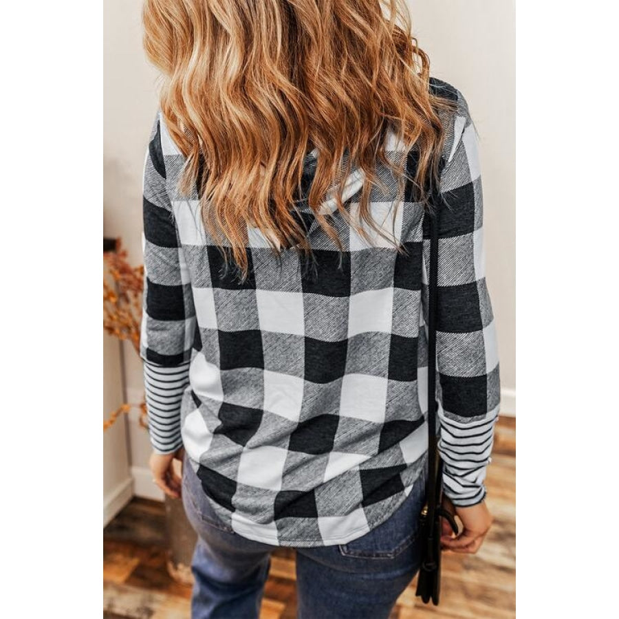 Plaid Drawstring Long Sleeve Hoodie Clothing