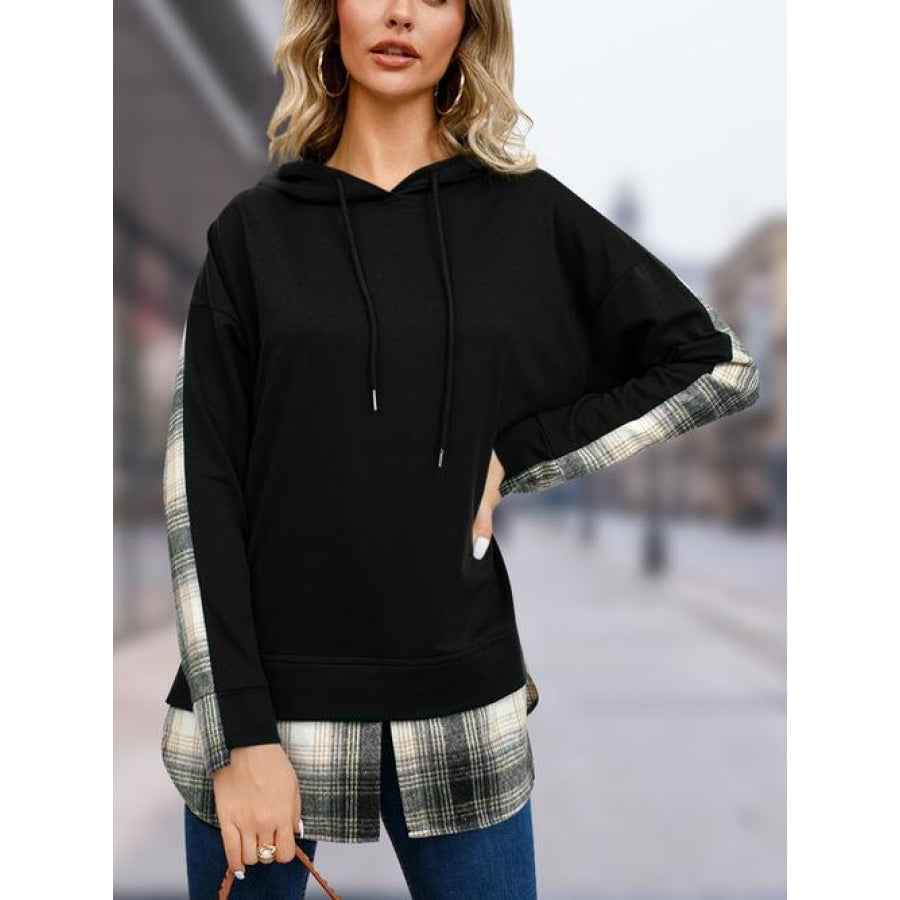 Plaid Drawstring Long Sleeve Slit Hoodie Black / S