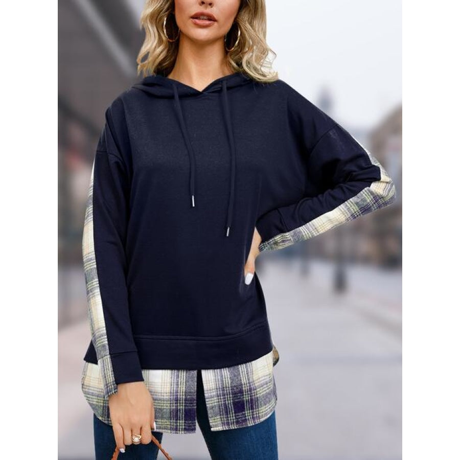 Plaid Drawstring Long Sleeve Slit Hoodie Dark Navy / S