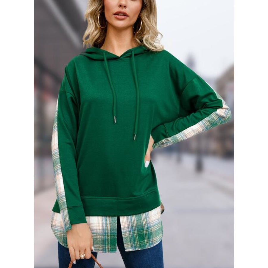 Plaid Drawstring Long Sleeve Slit Hoodie Green / S