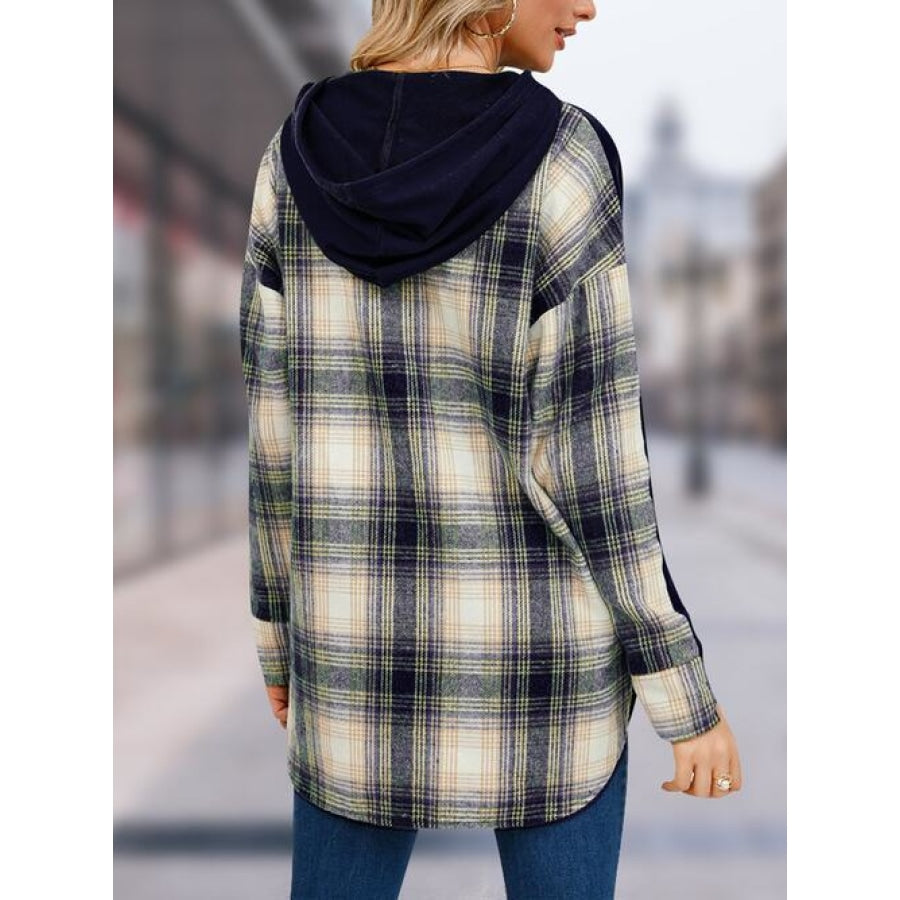 Plaid Drawstring Long Sleeve Slit Hoodie