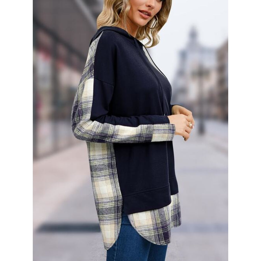 Plaid Drawstring Long Sleeve Slit Hoodie