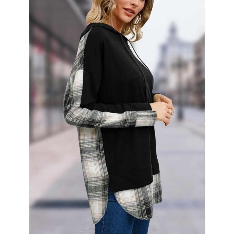 Plaid Drawstring Long Sleeve Slit Hoodie