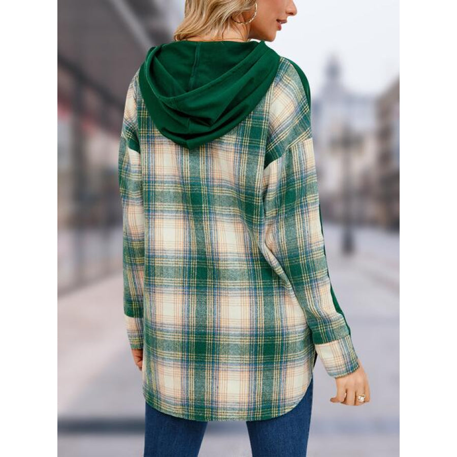 Plaid Drawstring Long Sleeve Slit Hoodie Green / S