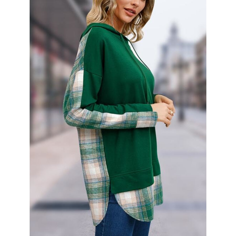 Plaid Drawstring Long Sleeve Slit Hoodie