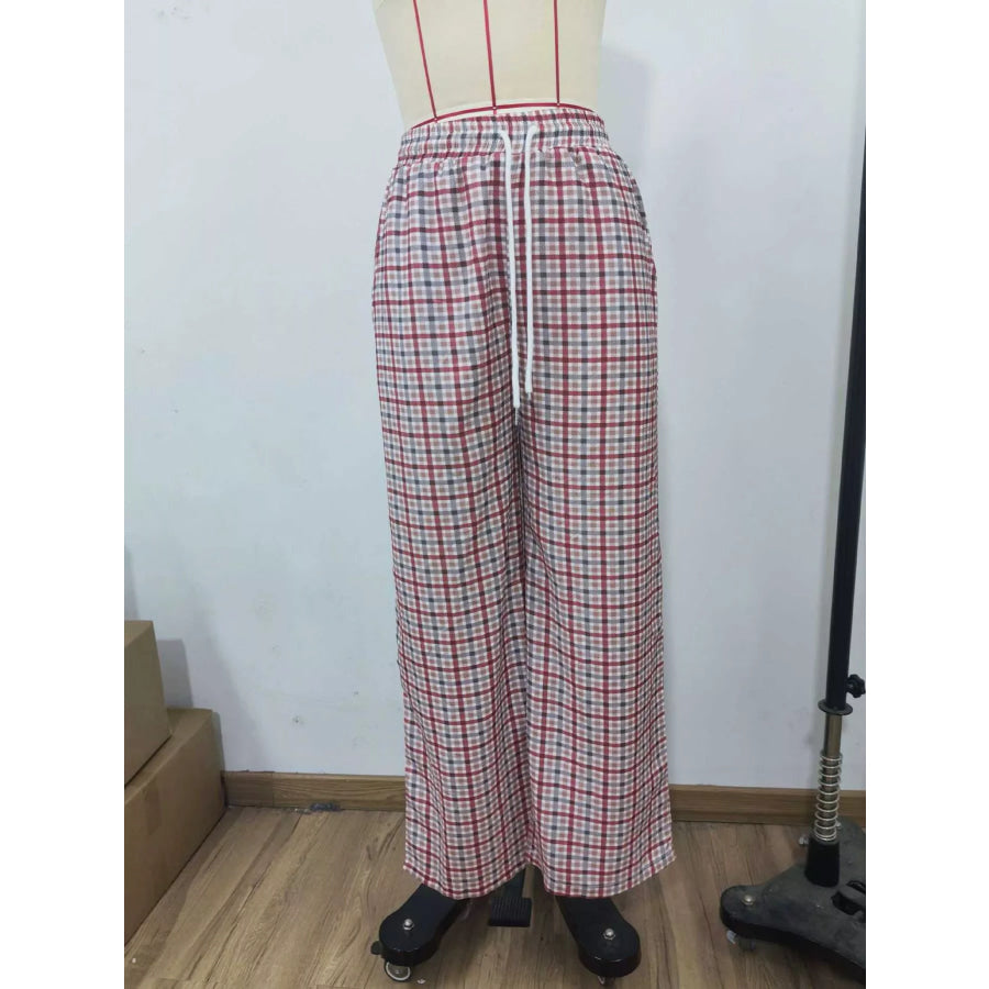 Plaid Drawstring Wide Leg Pants Apparel and Accessories