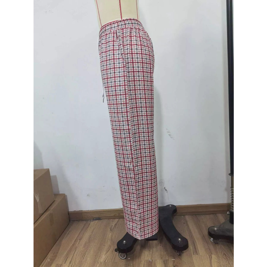 Plaid Drawstring Wide Leg Pants Apparel and Accessories
