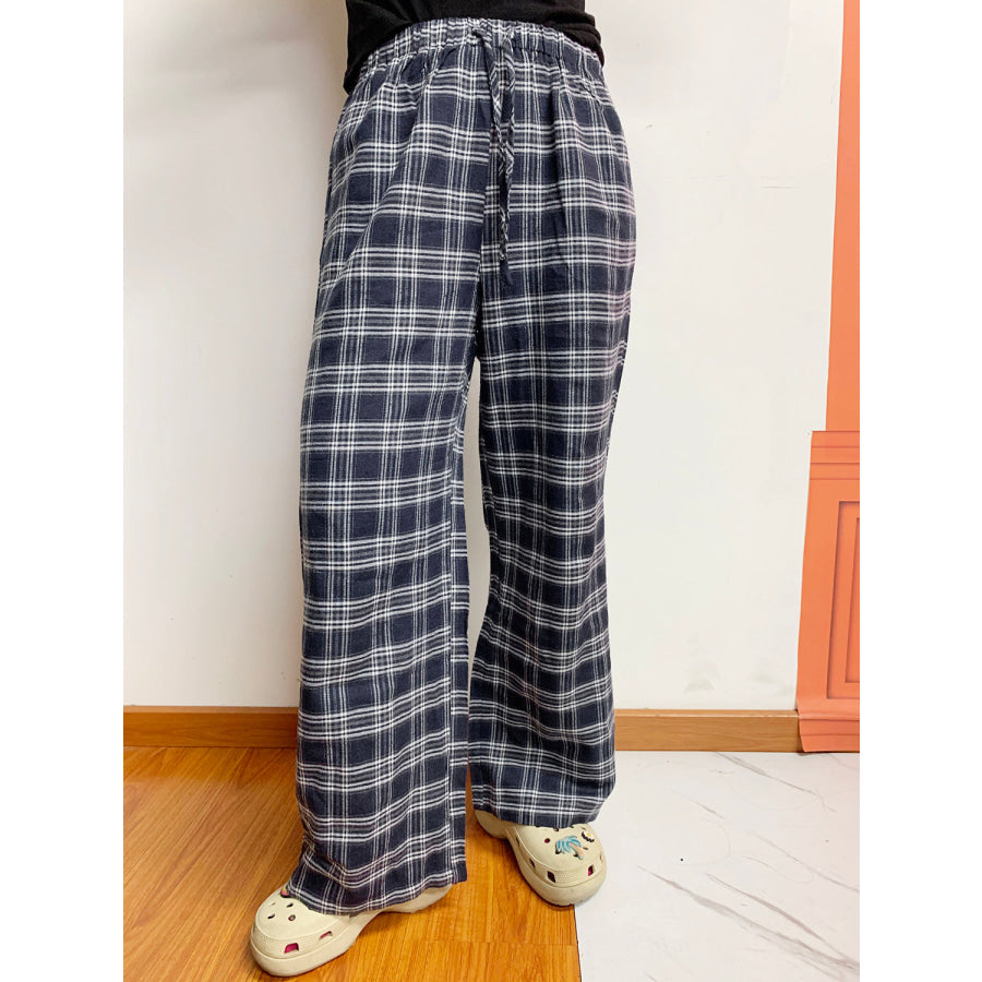 Plaid Drawstring Wide Leg Pants Apparel and Accessories