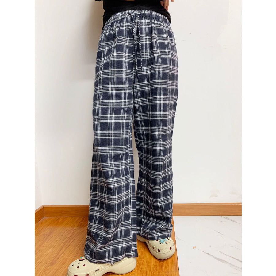 Plaid Drawstring Wide Leg Pants Apparel and Accessories