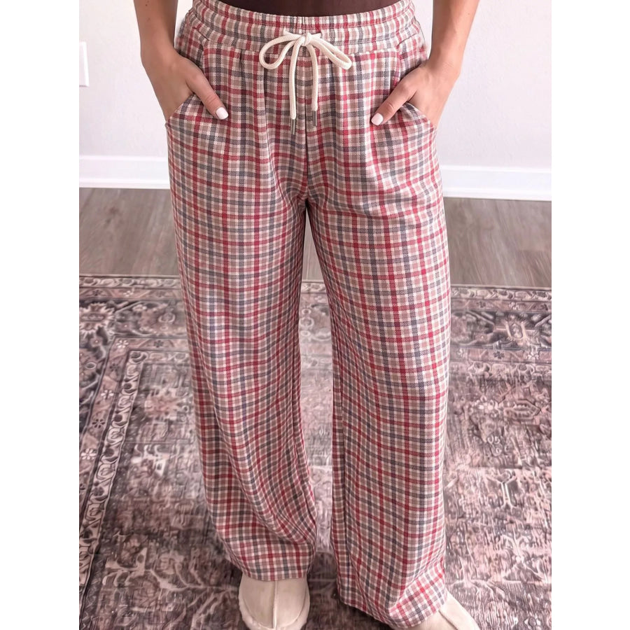 Plaid Drawstring Wide Leg Pants Deep Rose / S Apparel and Accessories