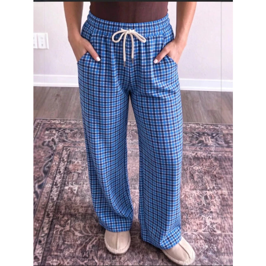 Plaid Drawstring Wide Leg Pants Royal Blue / S Apparel and Accessories