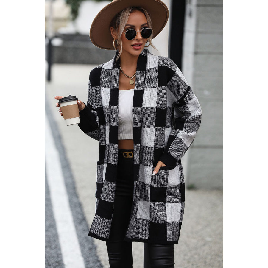 Plaid Dropped Shoulder Cardigan with Pocket Black / S