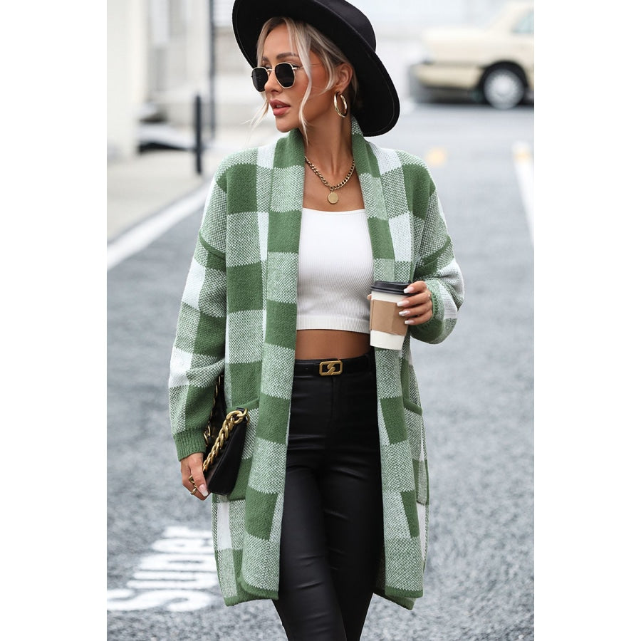 Plaid Dropped Shoulder Cardigan with Pocket Moss / S