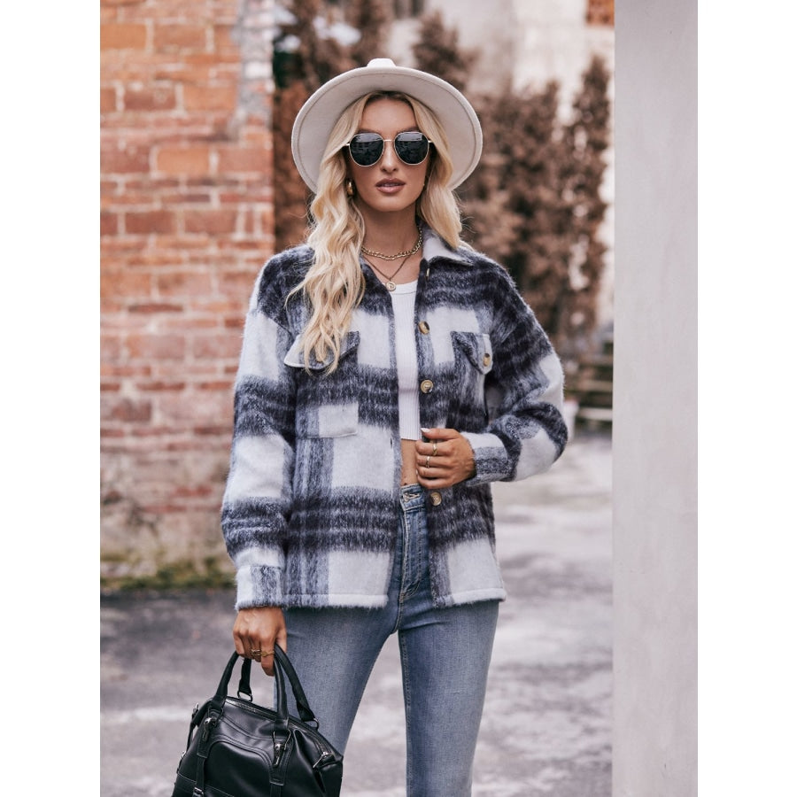 Plaid Dropped Shoulder Collared Jacket Charcoal / S