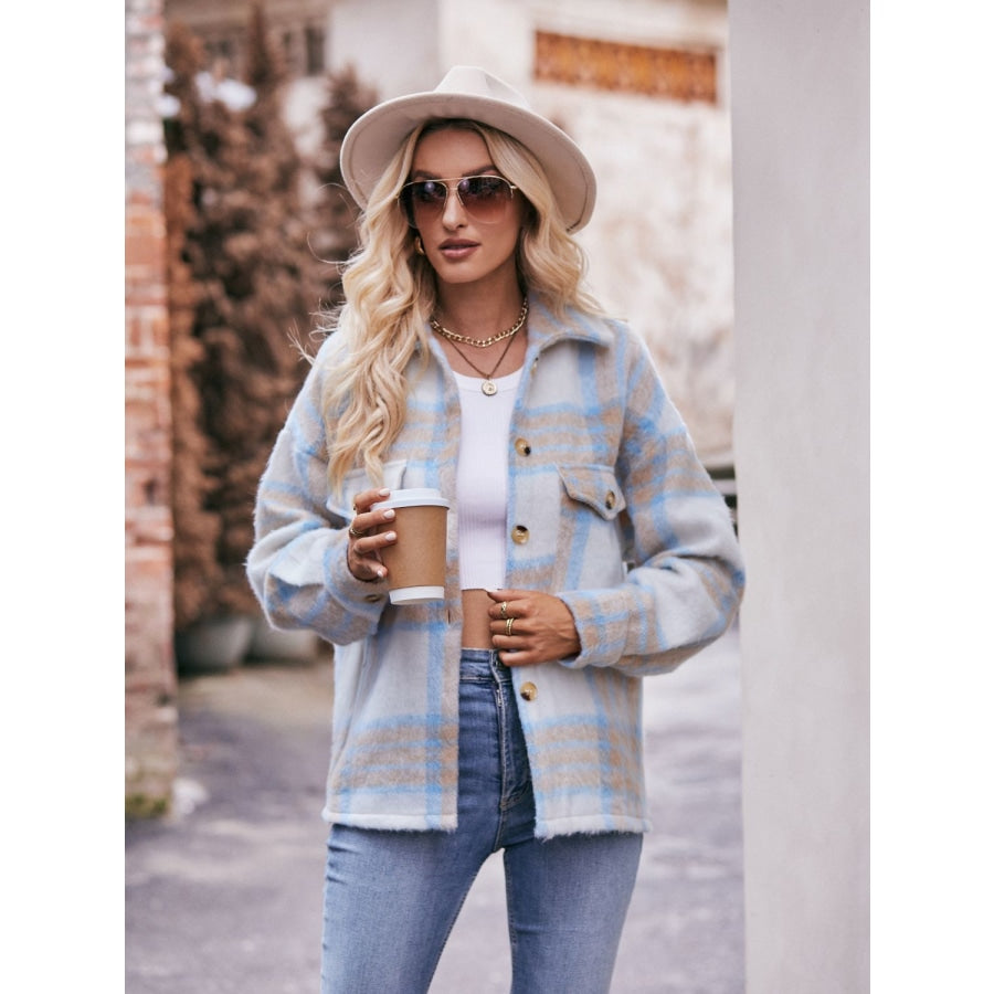 Plaid Dropped Shoulder Collared Jacket Misty Blue / S