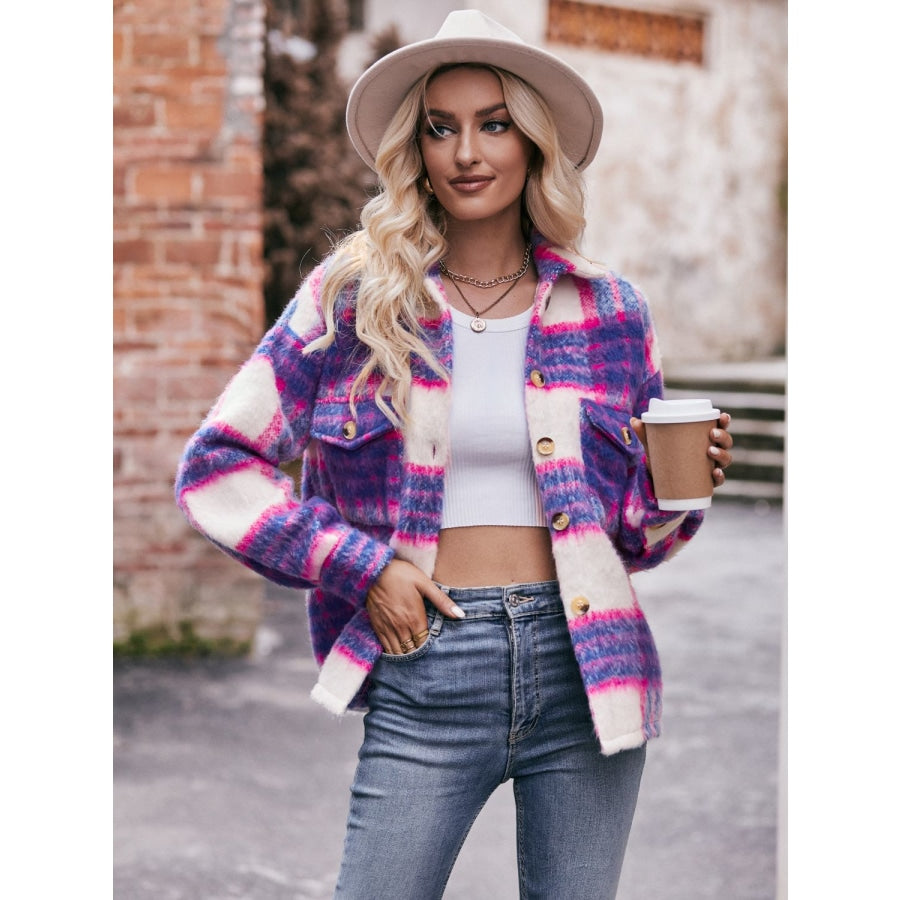 Plaid Dropped Shoulder Collared Jacket Purple / S