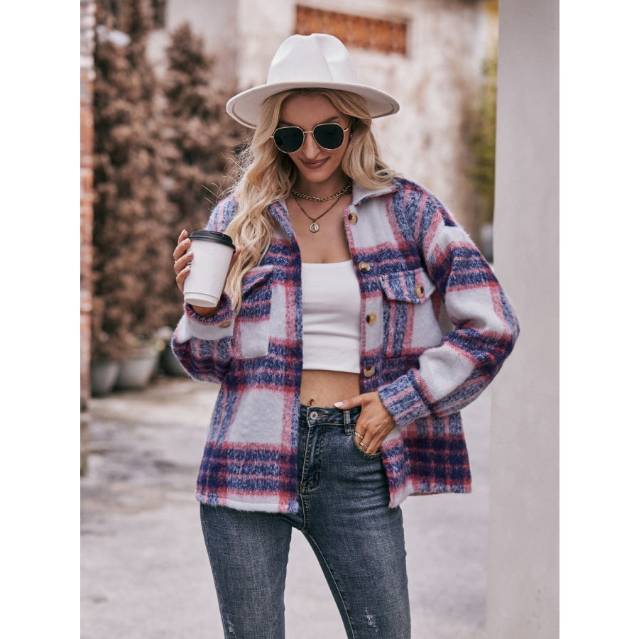 Plaid Dropped Shoulder Collared Jacket Red Orange / S