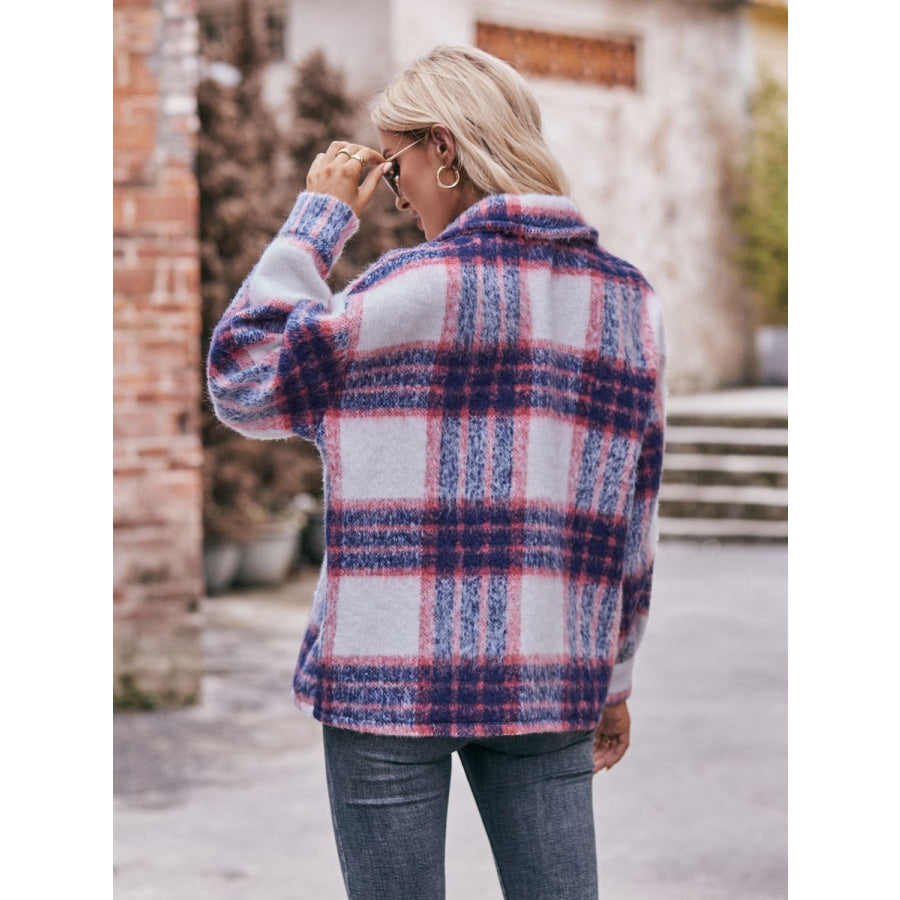 Plaid Dropped Shoulder Collared Jacket