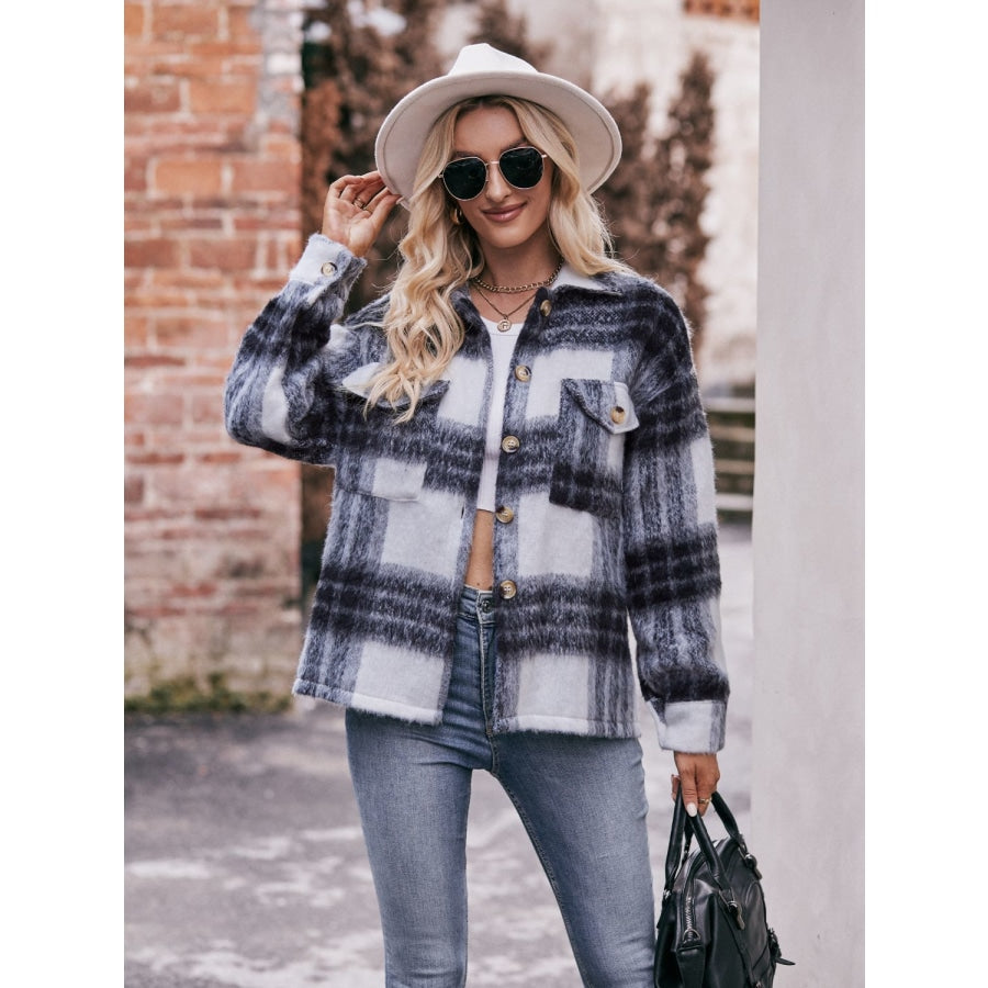 Plaid Dropped Shoulder Collared Jacket