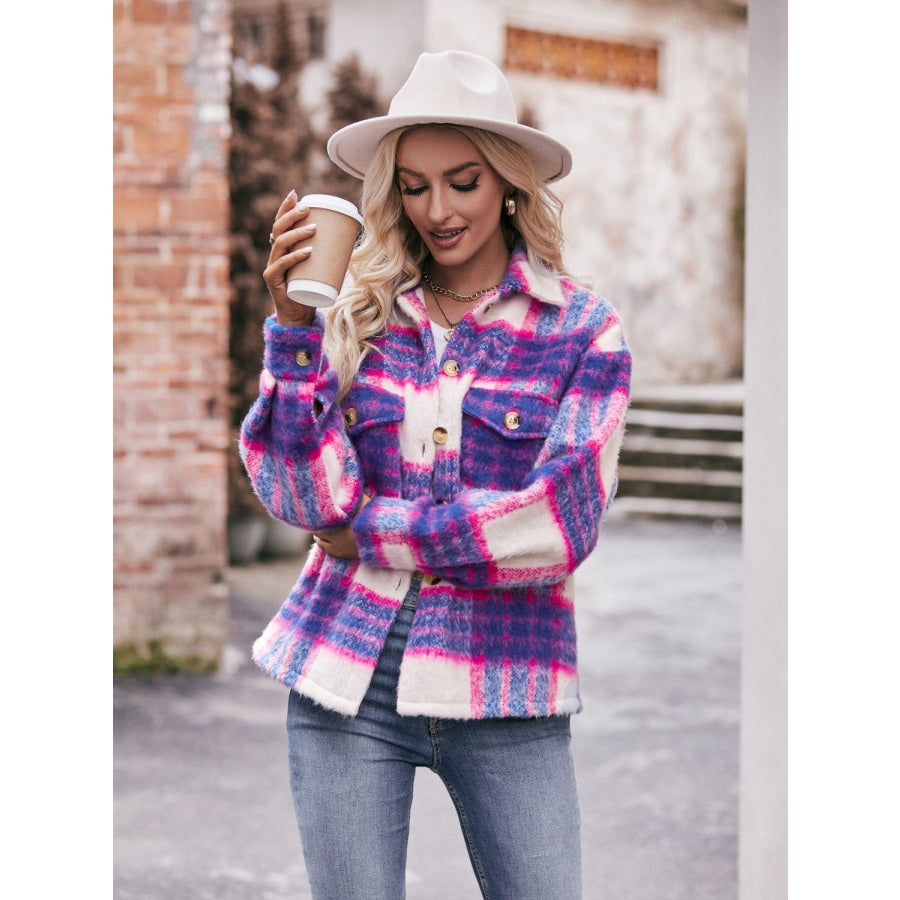 Plaid Dropped Shoulder Collared Jacket