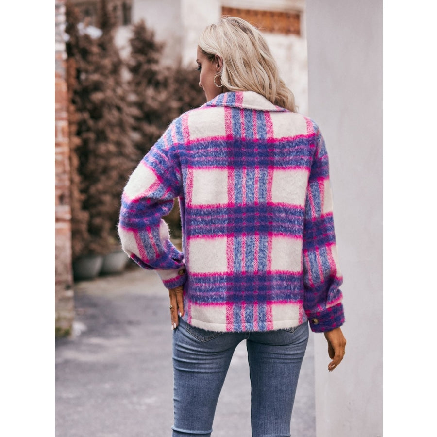 Plaid Dropped Shoulder Collared Jacket