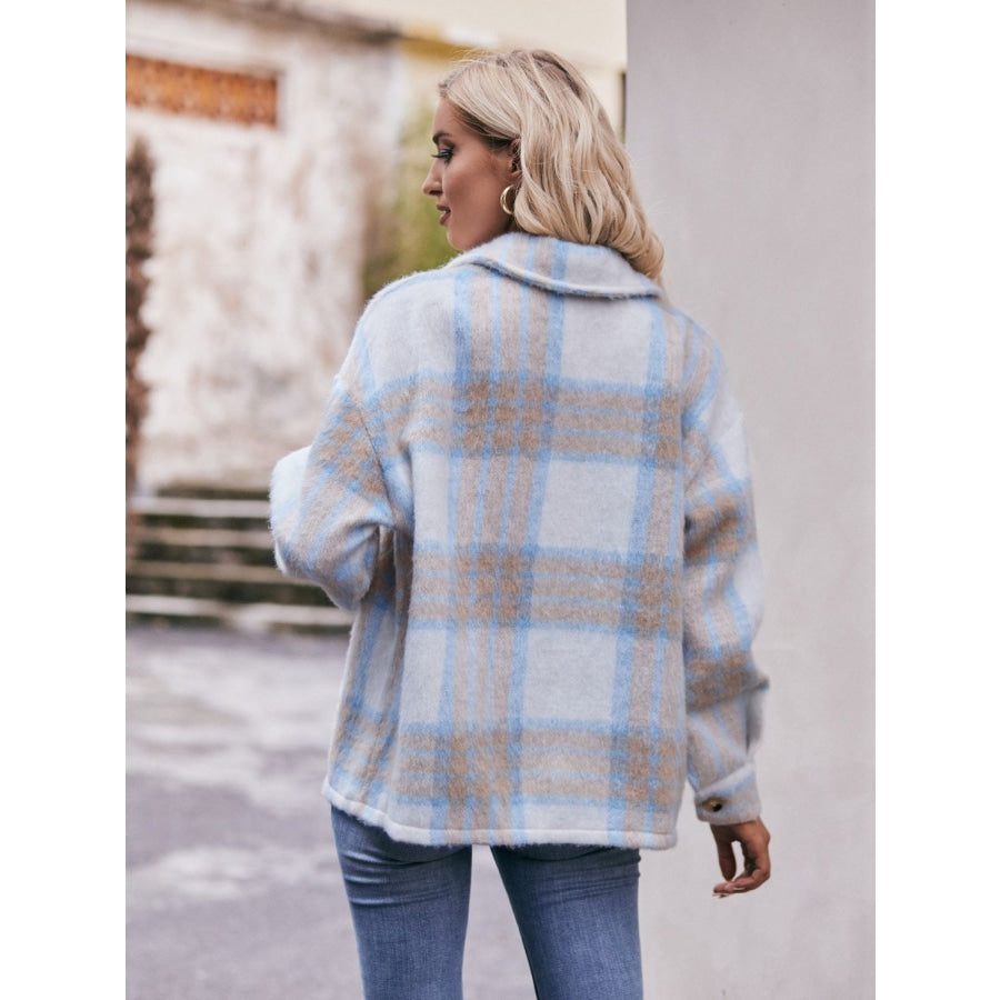 Plaid Dropped Shoulder Collared Jacket