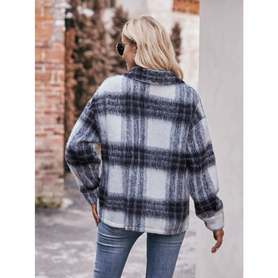 Plaid Dropped Shoulder Collared Jacket