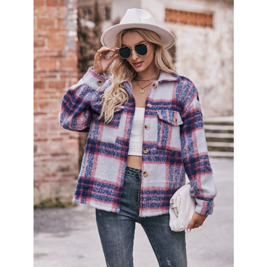 Plaid Dropped Shoulder Collared Jacket