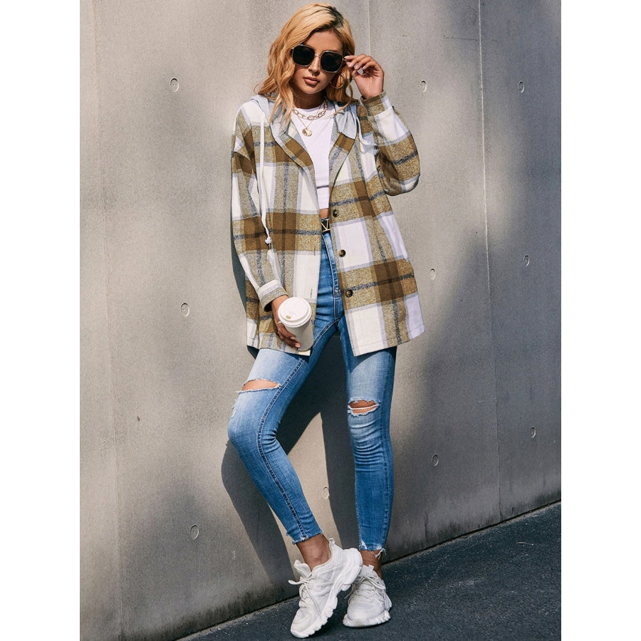 Plaid Dropped Shoulder Hooded Jacket Camel / S