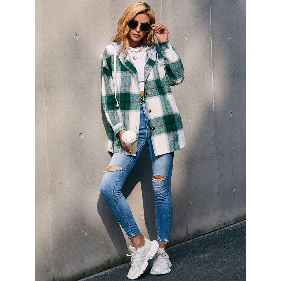 Plaid Dropped Shoulder Hooded Jacket Green / S