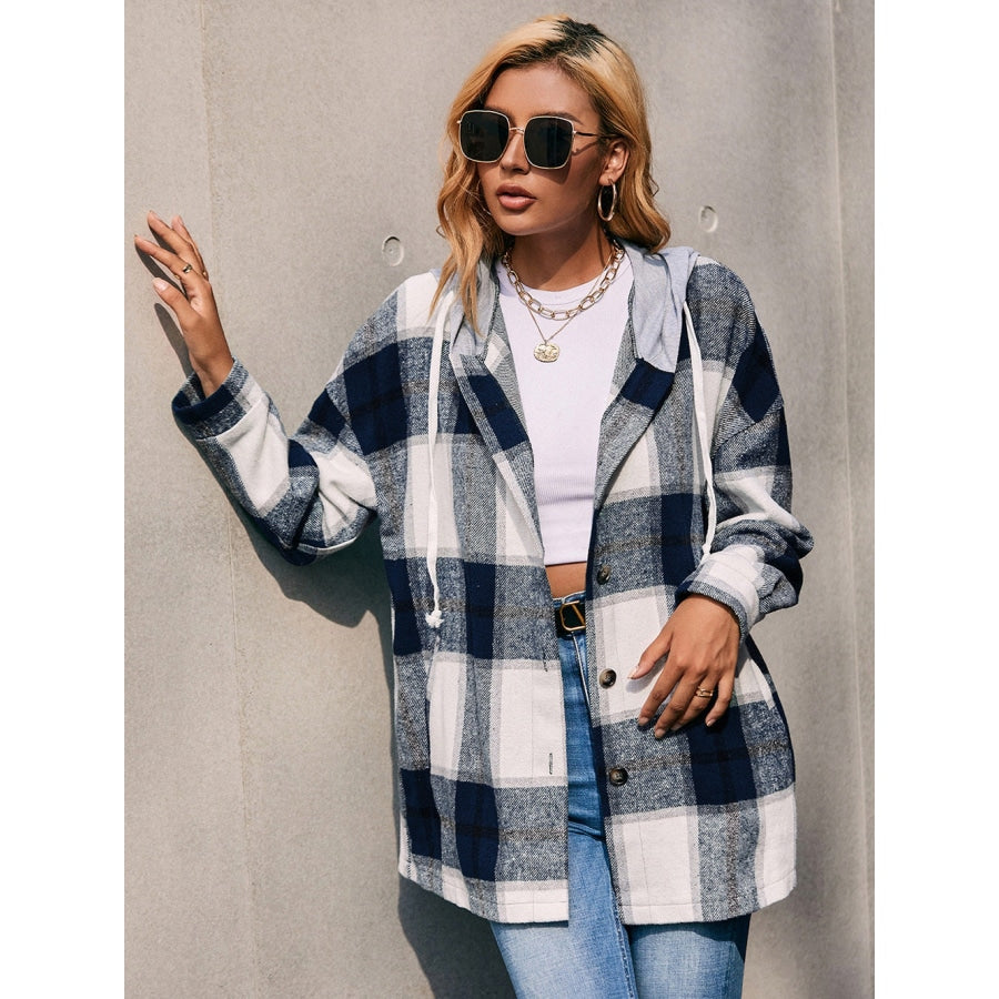 Plaid Dropped Shoulder Hooded Jacket Navy / S