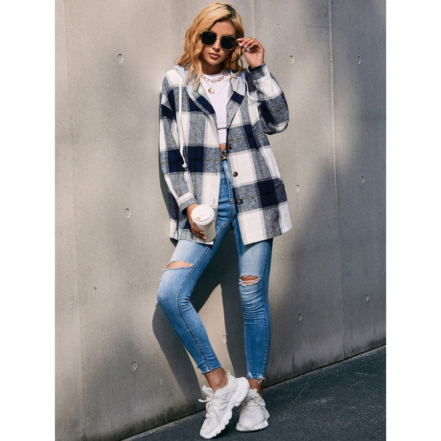 Plaid Dropped Shoulder Hooded Jacket