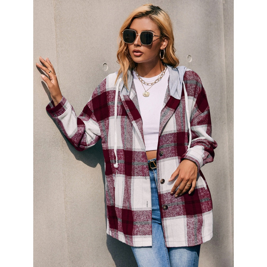 Plaid Dropped Shoulder Hooded Jacket Wine / S