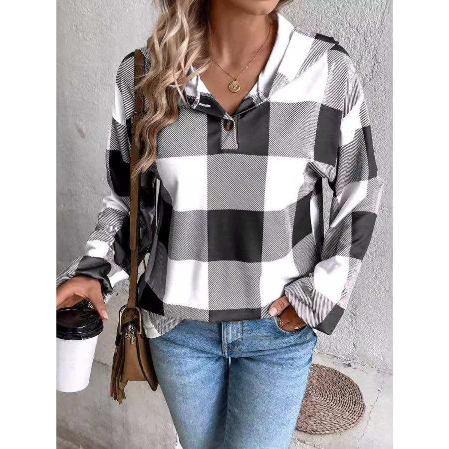 Plaid Dropped Shoulder Long Sleeve Hoodie Apparel and Accessories