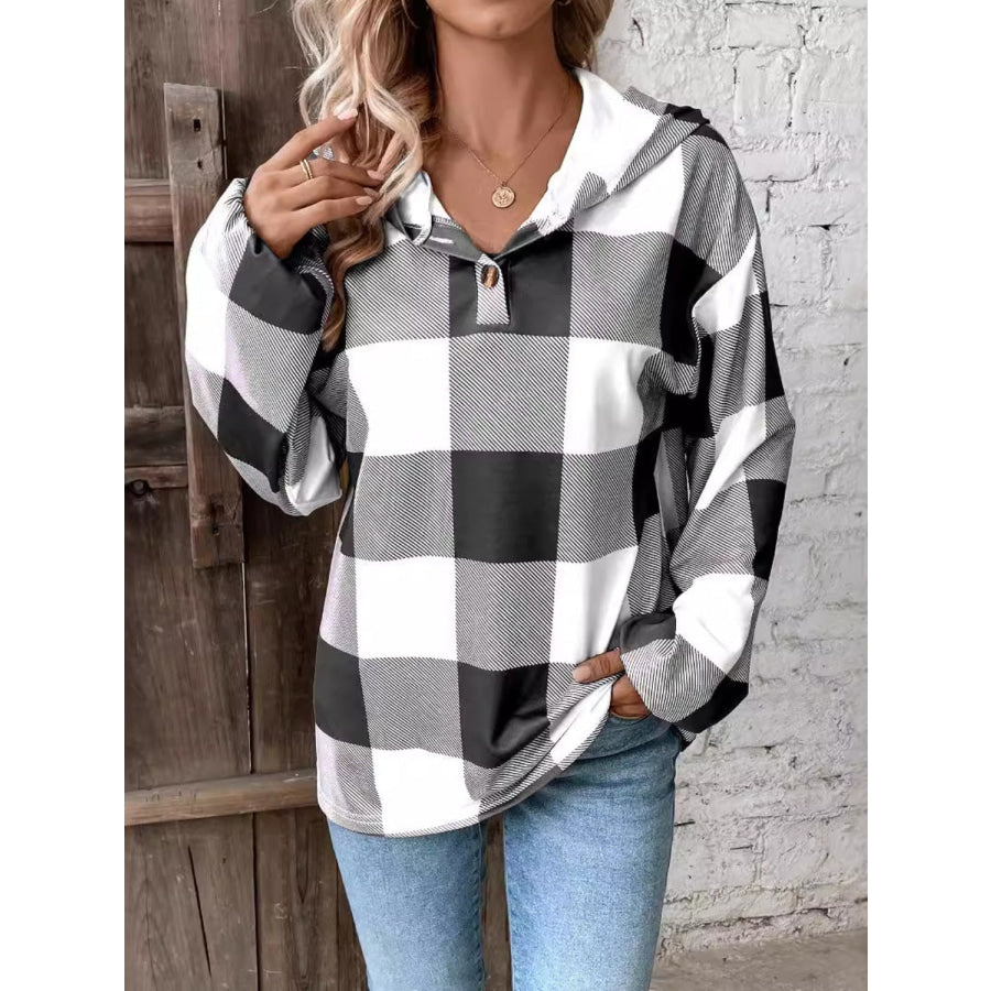 Plaid Dropped Shoulder Long Sleeve Hoodie Apparel and Accessories