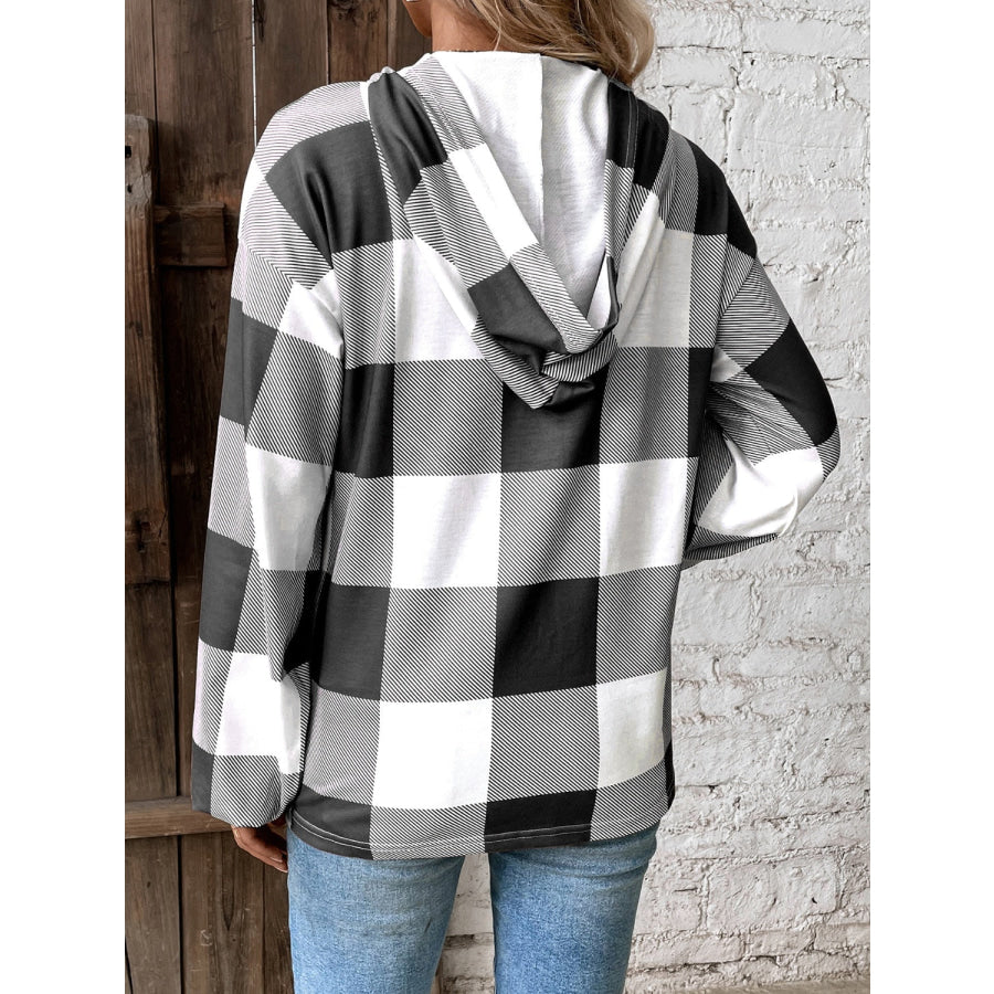 Plaid Dropped Shoulder Long Sleeve Hoodie Apparel and Accessories