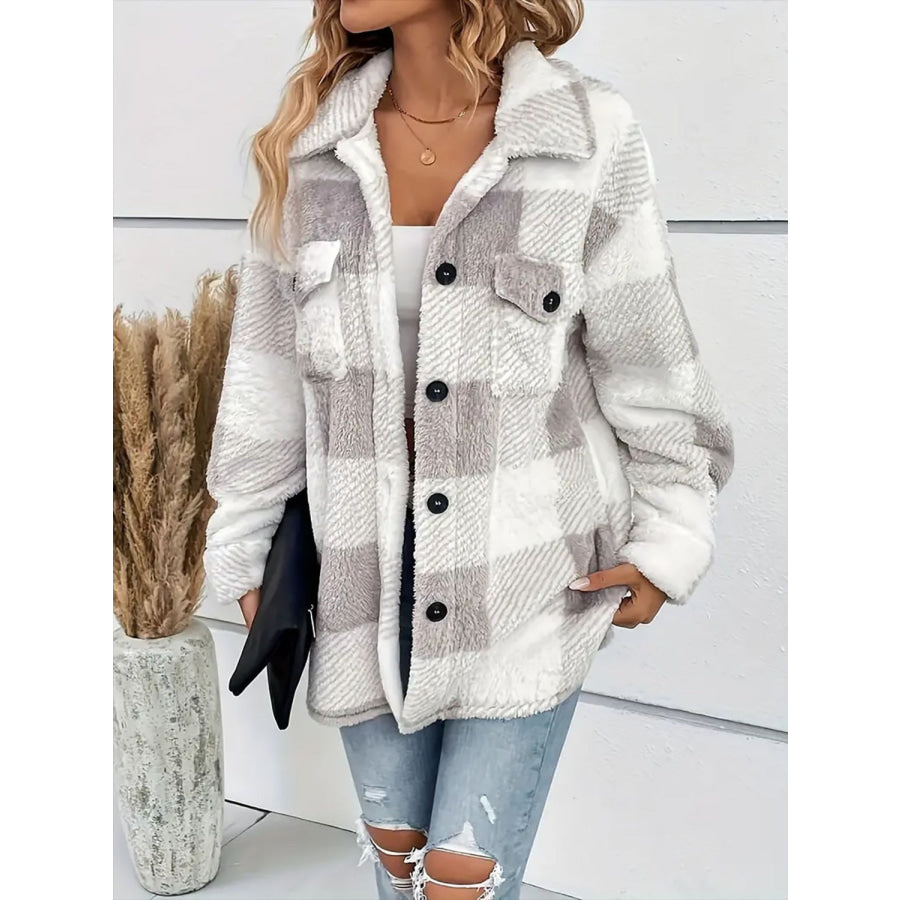 Plaid Dropped Shoulder Long Sleeve Plush Coat Apparel and Accessories