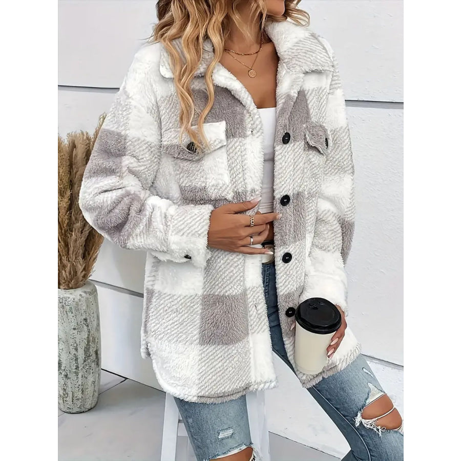 Plaid Dropped Shoulder Long Sleeve Plush Coat Apparel and Accessories