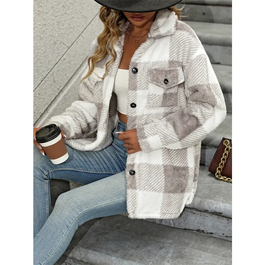 Plaid Dropped Shoulder Long Sleeve Plush Coat Apparel and Accessories