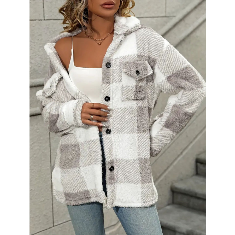 Plaid Dropped Shoulder Long Sleeve Plush Coat Apparel and Accessories