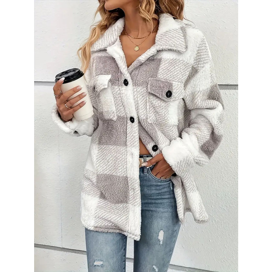 Plaid Dropped Shoulder Long Sleeve Plush Coat Apparel and Accessories